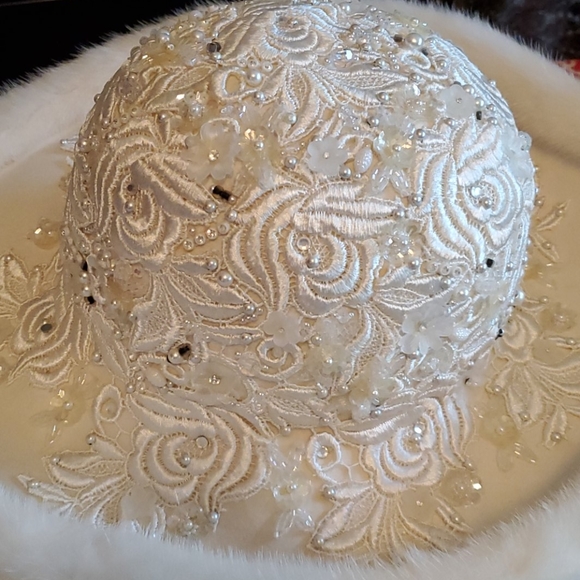 White JEWELED WIDE BRIM mink hat main image 4